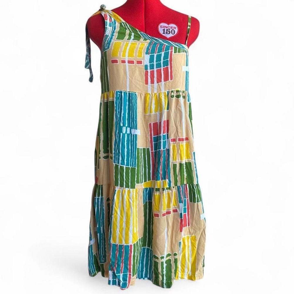 Tulle One-Shoulder Patchwork Mini Dress in Beige, Green, Blue, Yellow, Red